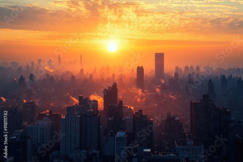 A Golden Sunrise Over a Skyline of Silhouetted Buildings