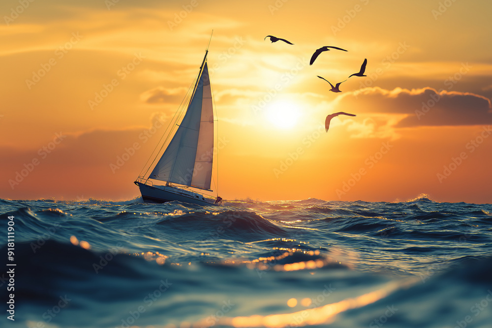 Fototapeta premium Sailboat gliding on ocean waves at sunset with seagulls flying in the sky, symbolizing freedom and adventure