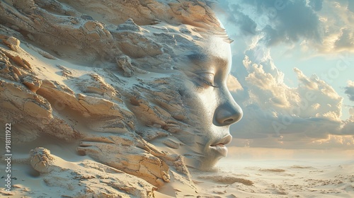 A surreal depiction of a woman's face blending with a desert landscape, merging human features with abstract, sandy elements