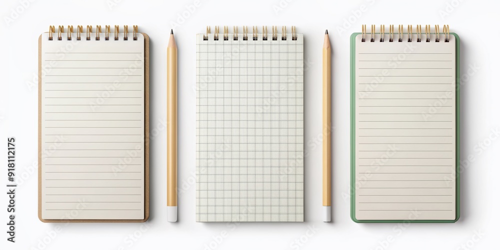 Minimalist illustrations of notepads, notebooks, and stationery on a white background. Minimalist illustrations of notepads, notebooks, and stationery on a white background.