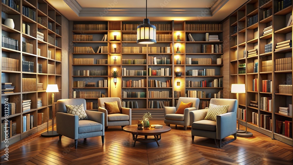A serene and organized library features a floor-to-ceiling wall lined with neatly arranged shelves, filled with books of various colors and sizes, amidst warm lighting. A serene and organized library features a floor-to-ceiling wall lined with neatly arranged shelves, filled with books of various colors and sizes, amidst warm lighting.