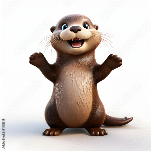 Cute cartoon otter standing happily, arms raised, with a cheerful expression against a plain background
