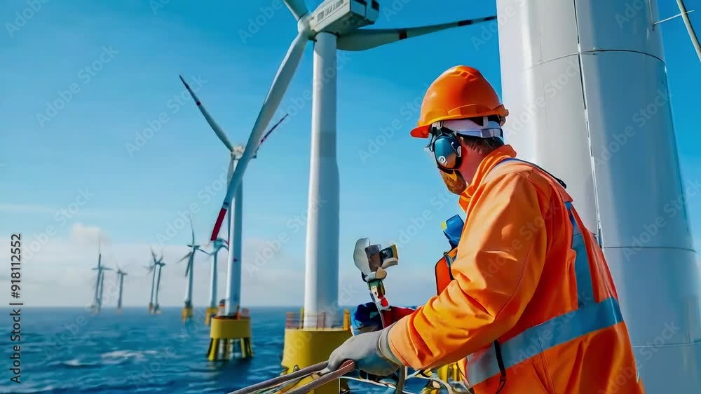Worker in orange jumpsuit and hardhat inspecting wind turbines at sea. Worker in orange jumpsuit and hardhat inspecting wind turbines at sea.