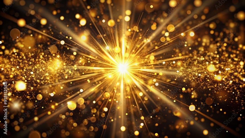 Naklejka premium Luxurious golden sparkles and bokeh effects radiate from the center of a dark black background, creating a mesmerizing abstract composition of light and depth.