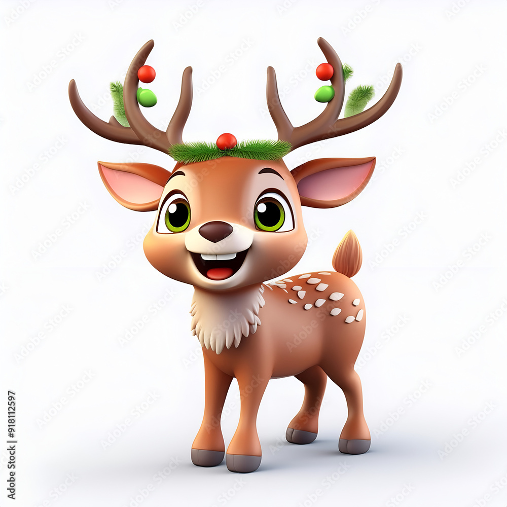 Cute cartoon deer with antlers decorated for the holiday season Cute cartoon deer with antlers decorated for the holiday season