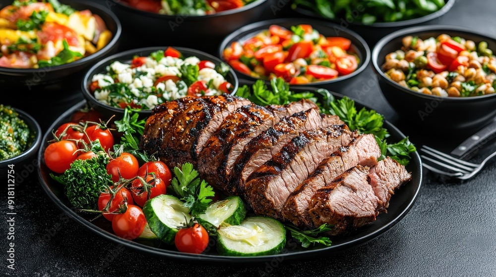 A deliciously grilled meat platter surrounded by fresh vegetables, creating a vibrant and healthy dining experience. A deliciously grilled meat platter surrounded by fresh vegetables, creating a vibrant and healthy dining experience.
