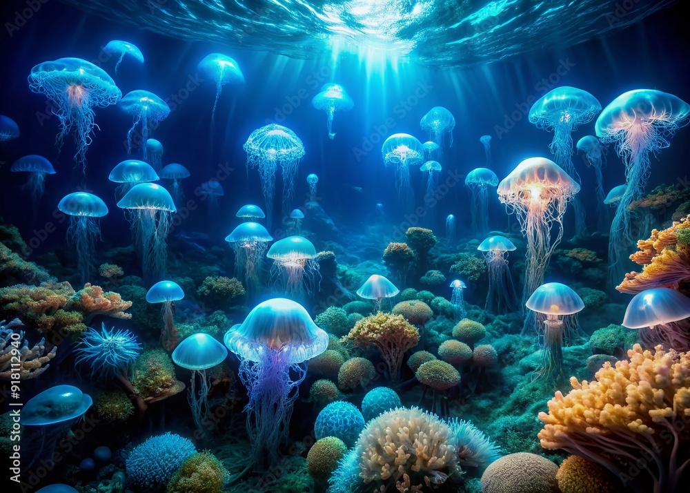 Vast, dark, and mysterious deep blue ocean depths unfold, with eerie glowing bioluminescent organisms and wispy seaweed, revealing the unexplored secrets of the abyss. Vast, dark, and mysterious deep blue ocean depths unfold, with eerie glowing bioluminescent organisms and wispy seaweed, revealing the unexplored secrets of the abyss.