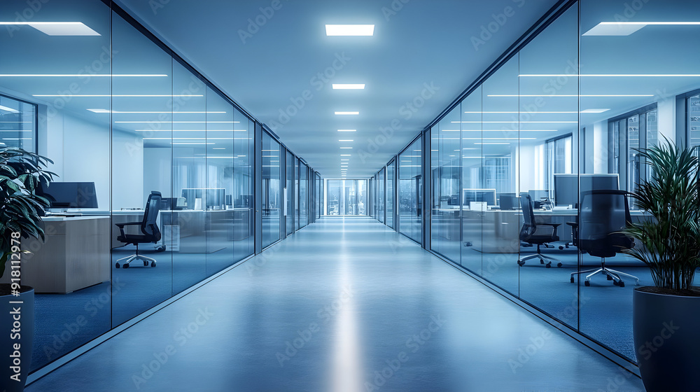 Modern office hallway with glass walls. Modern office hallway with glass walls.