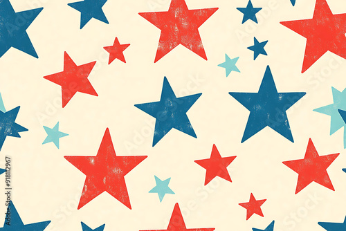 Seamless pattern with red and blue hand drawn vector stars in doodle style  background.