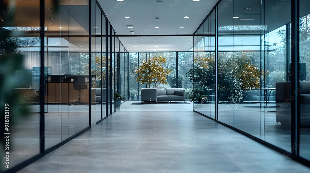 Modern office hallway with glass walls and a view of a green courtyard. Modern office hallway with glass walls and a view of a green courtyard.