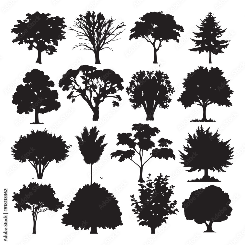 Fototapeta premium Set of trees in silhouettes. Also in vector format. Create many more shapes of trees from leaves and trees bottom row.