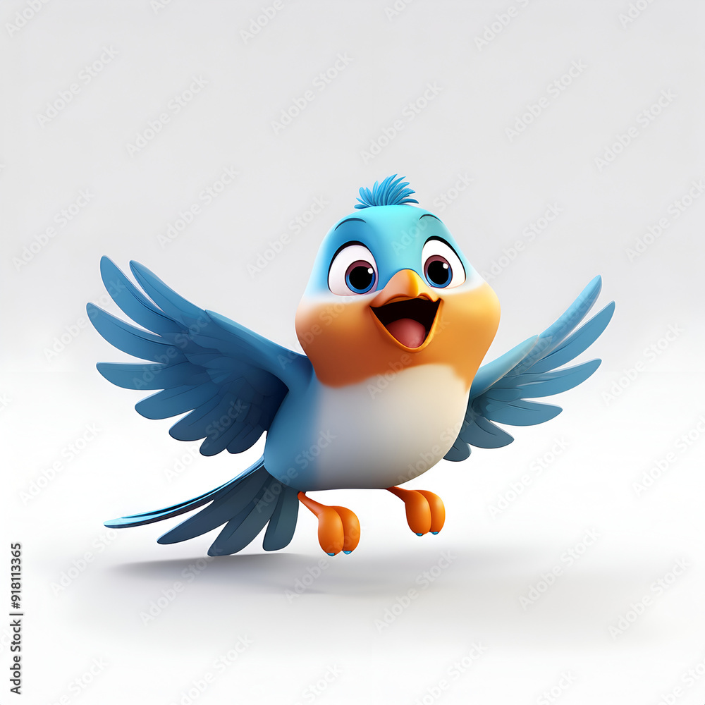 A cheerful blue cartoon bird spreading its wings in a joyful pose against a plain background A cheerful blue cartoon bird spreading its wings in a joyful pose against a plain background
