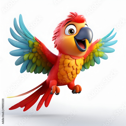 Animated parrot character joyfully soaring in the air with colorful feathers