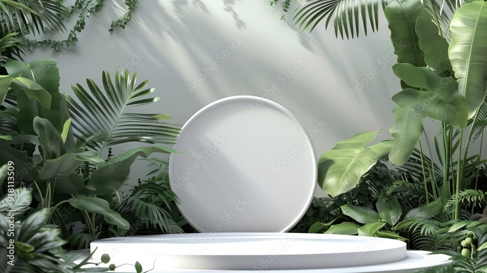Minimalist Podium with Green Leaves - Clean Background Minimalist Podium with Green Leaves - Clean Background