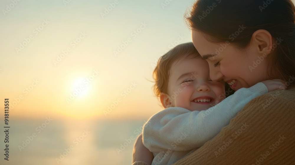 A joyful moment between a mother and her child, enjoying a beautiful sunset by the sea, capturing love and warmth. A joyful moment between a mother and her child, enjoying a beautiful sunset by the sea, capturing love and warmth.