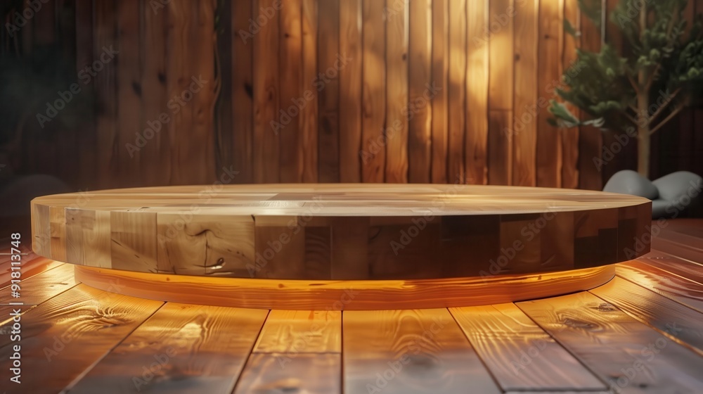 Fototapeta premium Polished Wood Podium in Cozy Cabin - Natural Light