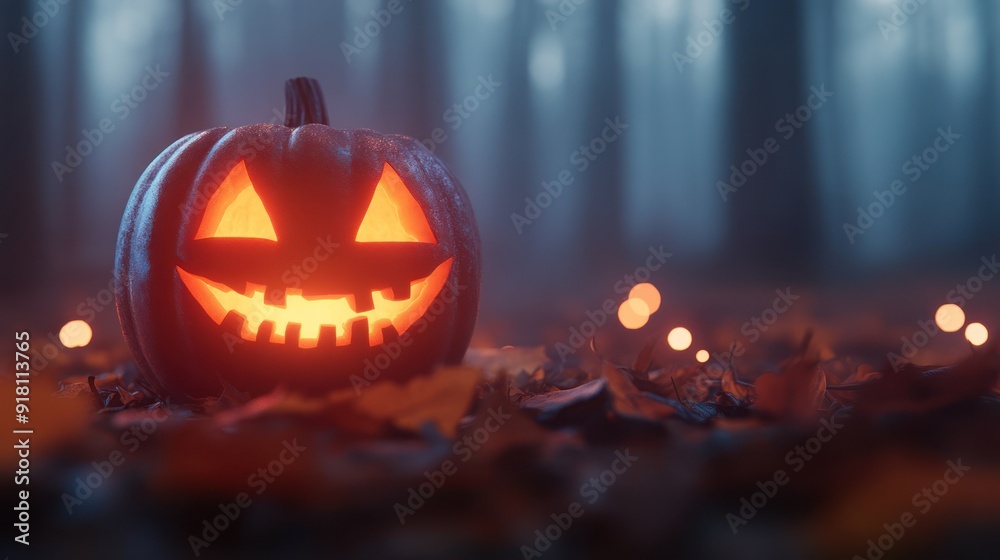 A spooky Halloween pumpkin with a glowing smile, surrounded by autumn leaves in a misty forest setting. A spooky Halloween pumpkin with a glowing smile, surrounded by autumn leaves in a misty forest setting.