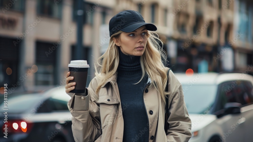 Obraz premium Stylish Woman in Urban Setting Holding Coffee Cup Wearing a Black Cap and Beige Jacket
