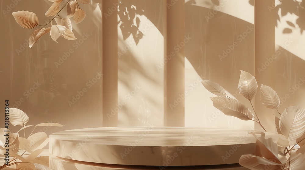 Minimalist Design with Podium and Leaves - Clean Background Minimalist Design with Podium and Leaves - Clean Background