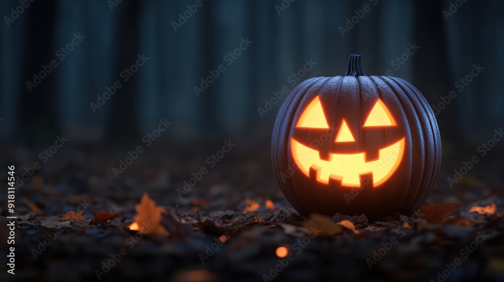 A glowing Halloween pumpkin surrounded by autumn leaves in a misty forest, evoking a festive and eerie atmosphere. A glowing Halloween pumpkin surrounded by autumn leaves in a misty forest, evoking a festive and eerie atmosphere.