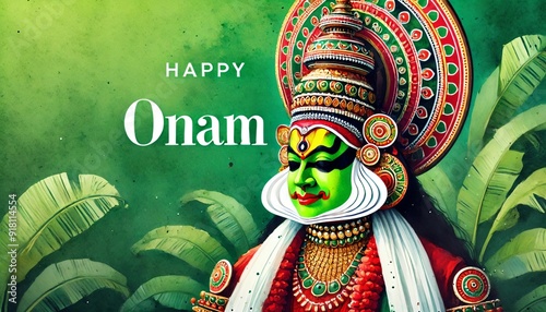 Watercolor illustration for onam with traditional kathakali dancer portrait. photo