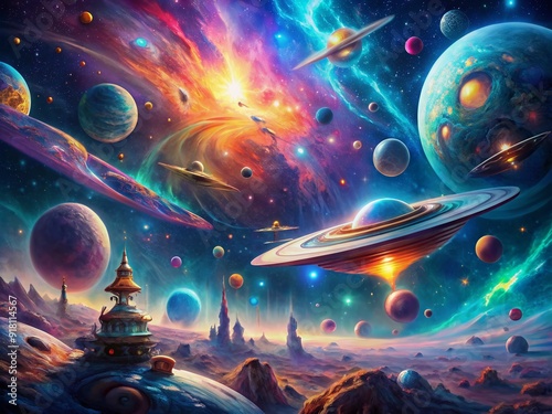 Vibrant, neon-lit galaxies swirl amidst stars, planets, and spaceships in a futuristic, otherworldly landscape of cosmic proportions, evoking a sense of wonder and adventure. photo