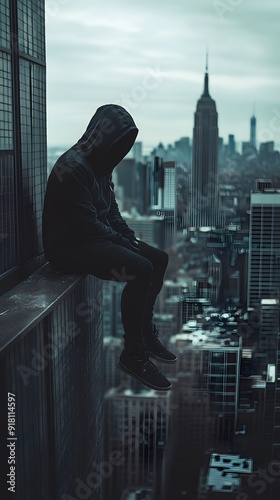 A hooded man sitting on the edge of an apartment building overlooking buildings in New York City, wearing all black , in the style of a dark cinematic shot.