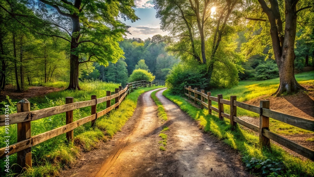 A worn dirt path diverges into two separate routes, symbolizing life's choices and decisions, set against a serene natural backdrop of lush greenery and rustic wooden fencing. A worn dirt path diverges into two separate routes, symbolizing life's choices and decisions, set against a serene natural backdrop of lush greenery and rustic wooden fencing.