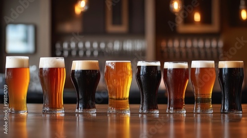 An assortment of different beer types, including ales, lagers, and stouts, displayed on a bar or table with a neutral background, showcasing their diversity and appeal.