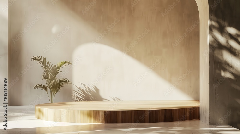 Fototapeta premium Minimalist Wooden Podium on Pristine Backdrop - Natural Lighting