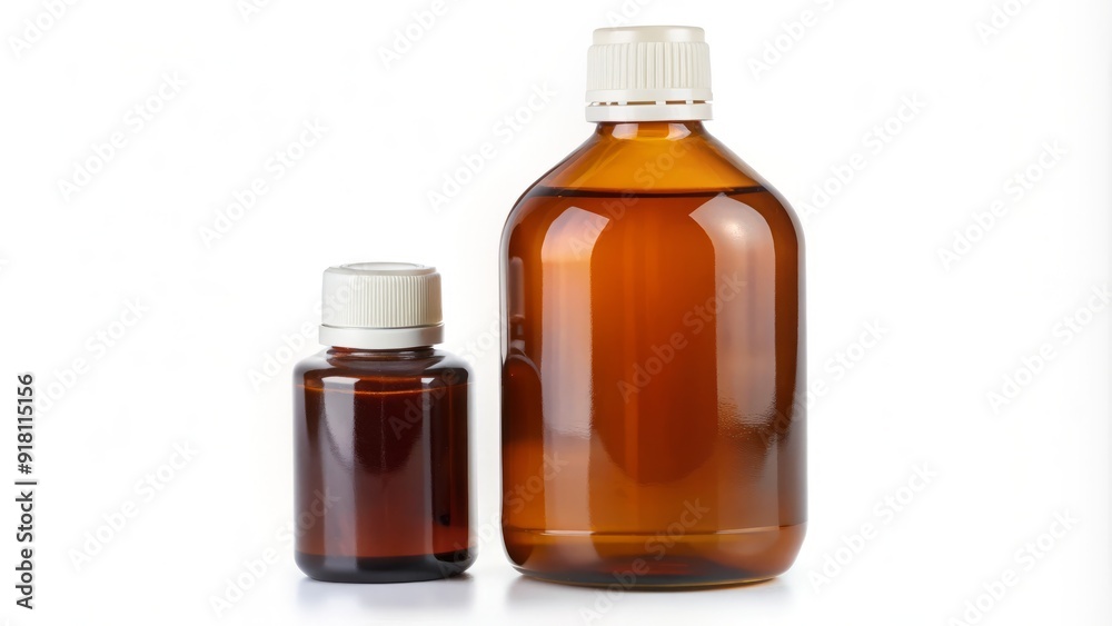Bottle of antiseptic solution with brown liquid and cap, on a white background, used for wound cleansing and skin disinfection in medical settings. Bottle of antiseptic solution with brown liquid and cap, on a white background, used for wound cleansing and skin disinfection in medical settings.