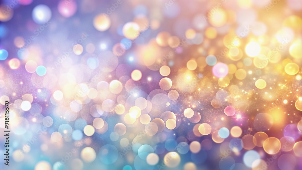 Fototapeta premium Soft focus, pastel-hued bokeh banner background featuring pale pink, purple, blue, gold, yellow, white, and silver abstract blur, perfect for creative designs and celebrations.