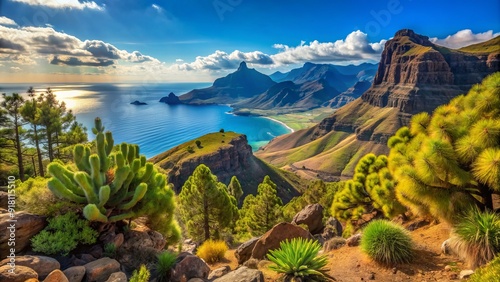 Bright sunny day on Gran Canaria's volcanic landscape, with rugged mountains, cacti, and pine trees, overlooking the Atlantic Ocean's turquoise waters. photo