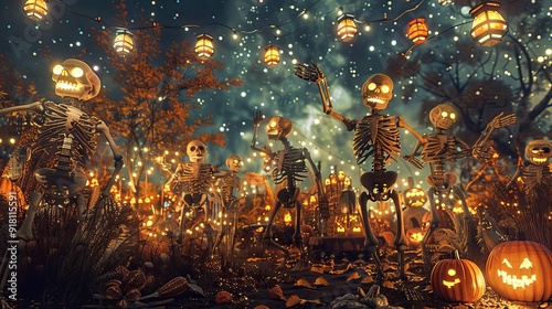 A playful and whimsical scene of skeletons throwing a lively Halloween party under a starry sky, with lanterns and pumpkins glowing in the background.
