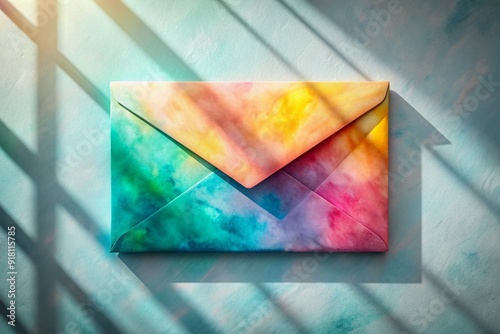 Vibrant 3D envelope with soft, blended watercolor textures and subtle gradient shading, floating effortlessly in a bright, airy space with subtle shadows. photo