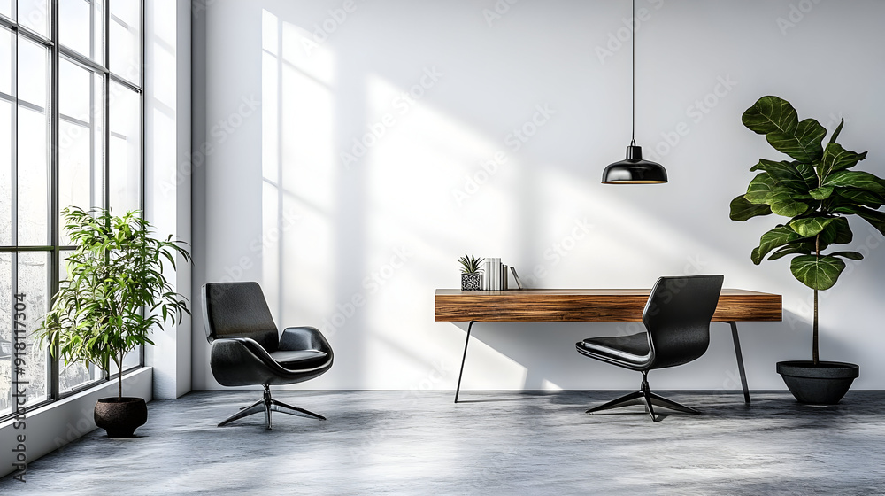 Modern office interior with desk, chairs and plants. Modern office interior with desk, chairs and plants.