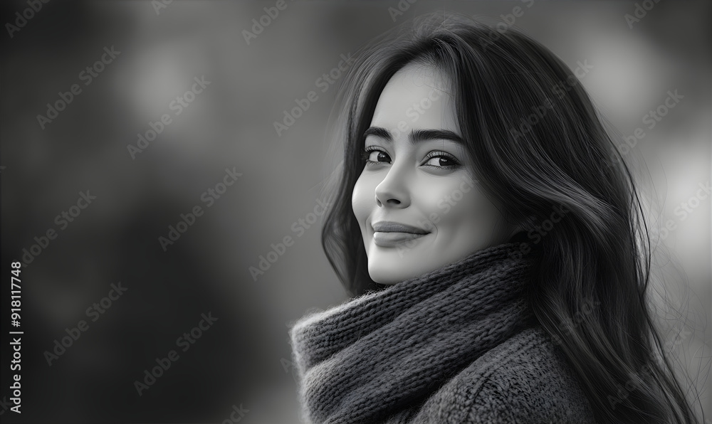 Black and white portrait of attractive woman in a park. Poetic image of a lady wearing scarf in nature. Monochrome banner with copy space. Lady wandering in the park. Mental health concept. Black and white portrait of attractive woman in a park. Poetic image of a lady wearing scarf in nature. Monochrome banner with copy space. Lady wandering in the park. Mental health concept.