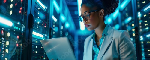 Woman Working in Server Room photo