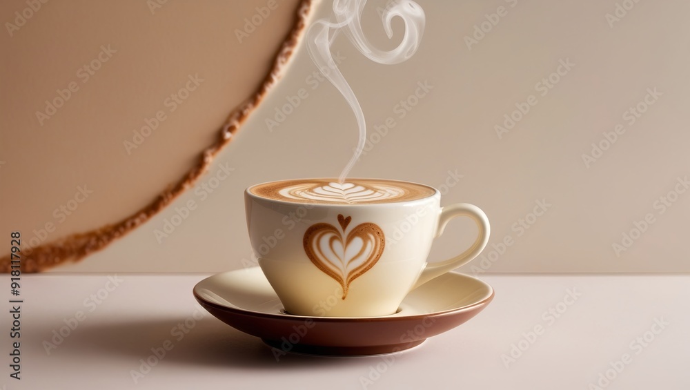 Obraz premium White coffee cup with heart shape design on it and intricate Espresso Latte art on white wooden table with steam coming out, with copy space, International Coffee Day celebration, 1st October