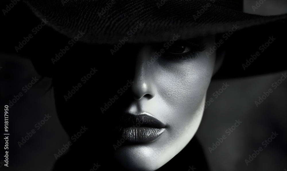 Black and white portrait of attractive lady wearing hat. Fashion portrait of elegant woman. Monochrome female portrait.