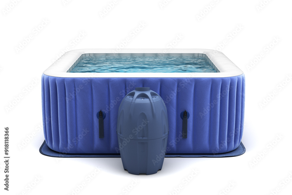 New open blue portable outdoor swimming pool 3d render on white