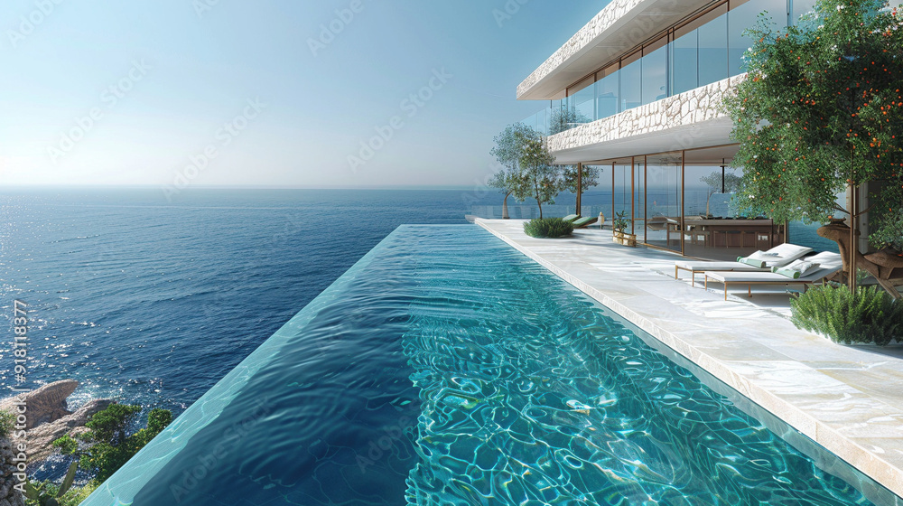 Fototapeta premium Serene Retreat: Infinity Pool Merging with the Horizon