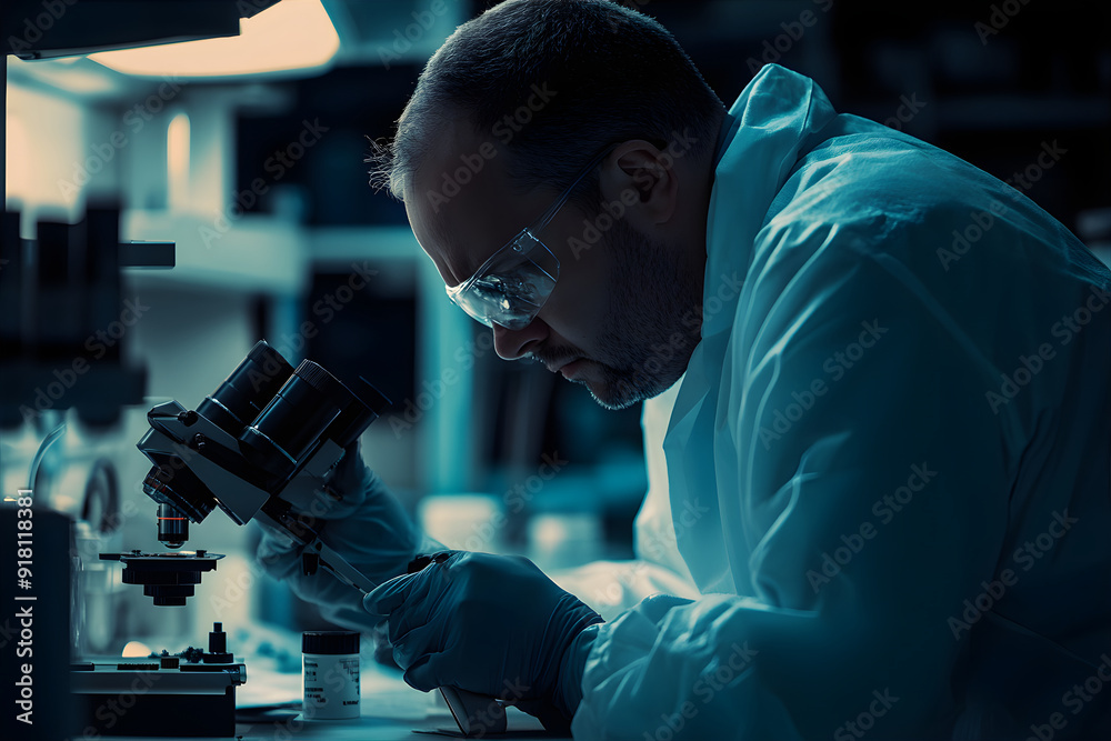 Forensic pathologist in a white robe wearing glasses in the laboratory. Caucasian scientist at work. Forensic pathologist in a white robe wearing glasses in the laboratory. Caucasian scientist at work.