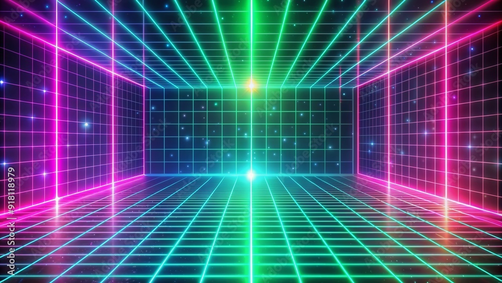 Vibrant retro 80s style neon grid background with glowing pink, green, and blue lines, ideal for nostalgic marketing campaigns, themed party invitations, or vintage digital art. Vibrant retro 80s style neon grid background with glowing pink, green, and blue lines, ideal for nostalgic marketing campaigns, themed party invitations, or vintage digital art.
