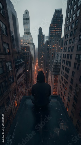 A hooded man sitting on the edge of an apartment building overlooking buildings in New York City, wearing all black , in the style of a dark cinematic shot.