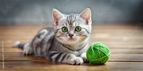 Adorable grey and white american shorthair kitten with bright green eyes and fluffy fur plays with a ball of yarn on a cozy wooden floor. photo