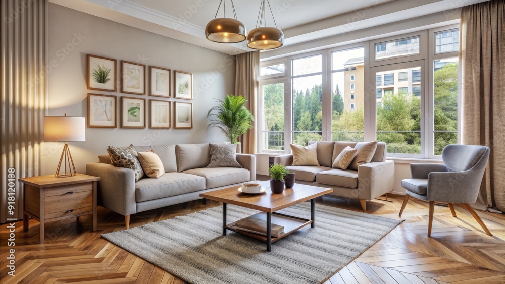 Fototapeta premium Cozy living room with modern furniture, large window, and neutral colors, indicating a comfortable and welcoming atmosphere in a leased residential property.