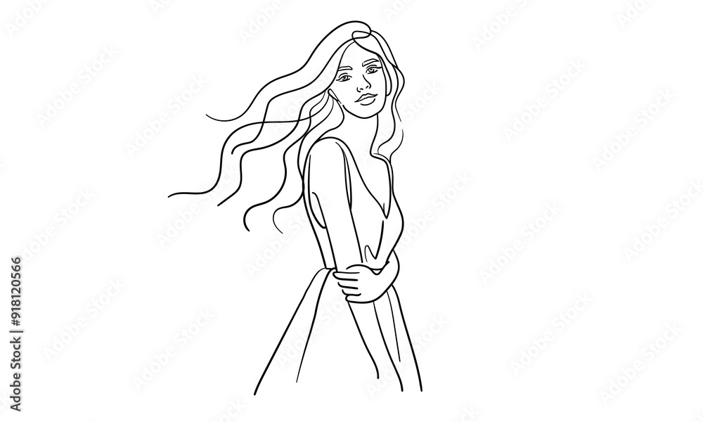 Girl with long hair in dress continuous line art drawing isolated on white background. Hair vodel. Vector illustration Girl with long hair in dress continuous line art drawing isolated on white background. Hair vodel. Vector illustration