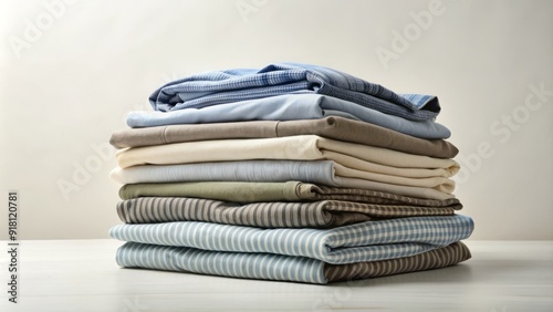 Crisp, freshly laundered fabrics neatly arranged in a compact stack, with a few garments loosely folded on top, against a soft, creamy white background. photo