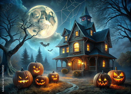 Spooky night scene of a haunted house with glowing jack-o'-lanterns and spider webs, illuminated by a full moon, set against a dark eerie background. photo